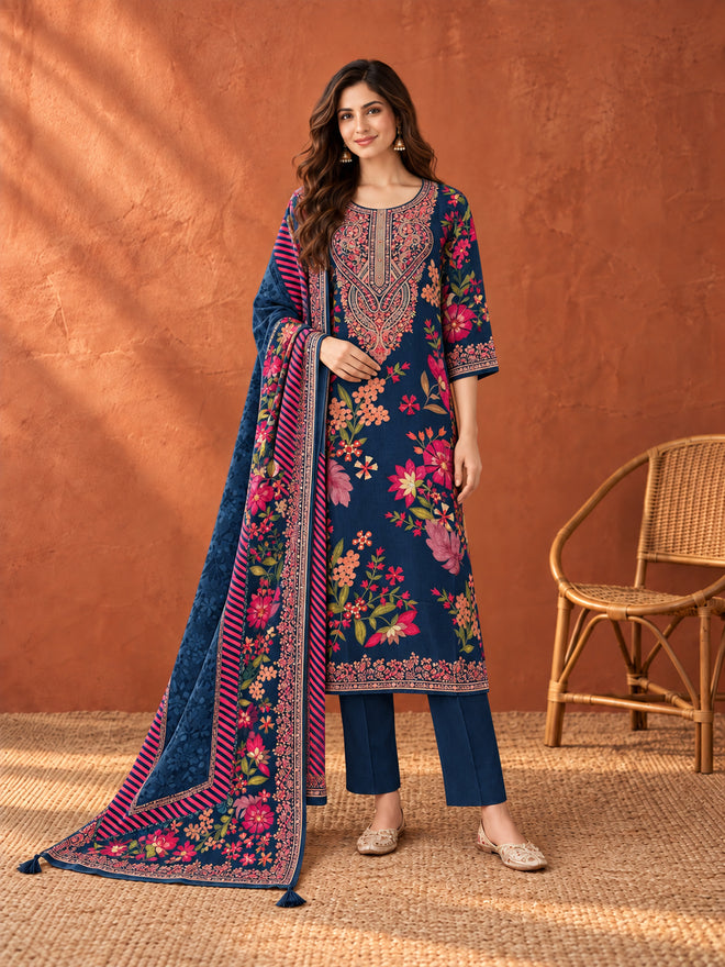 Navy Blue Floral Printed Kurta Set with Dupatta