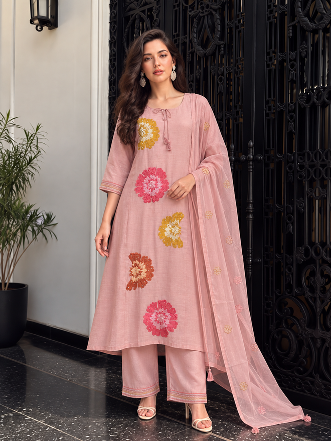 Dusty Pink Floral Embroidered Mul Chanderi Suit Set