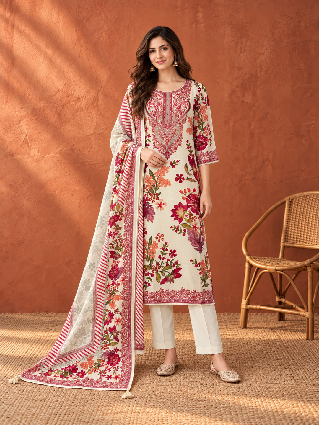 Ivory Floral Printed Kurta Set with Dupatta