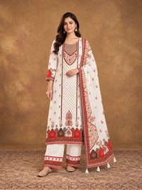 Off white  Floral Embroidered Cotton-Silk Kurta with Trousers & With Dupatta