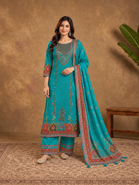 Turquoise Floral Embroidered Cotton-Silk Kurta with Trousers & With Dupatta
