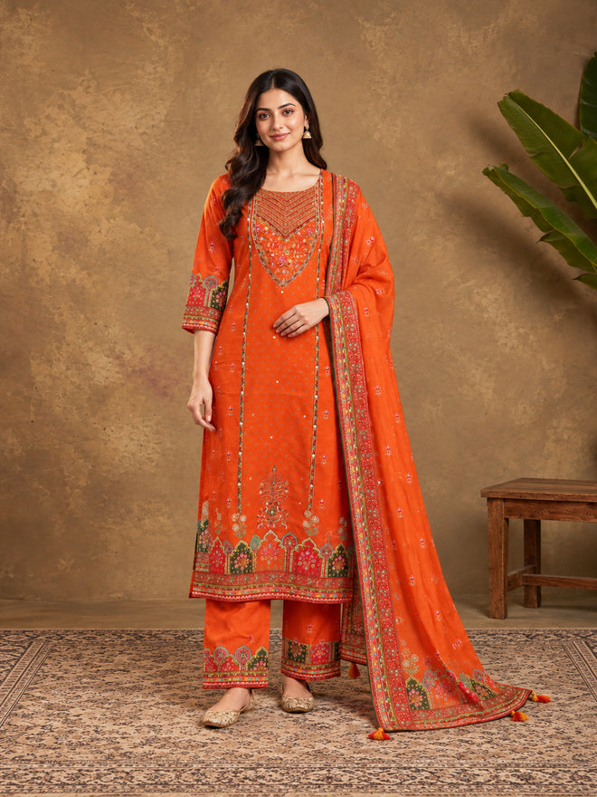 Orange Floral Embroidered Cotton-Silk Kurta with Trousers & With Dupatta