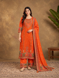 Orange Floral Embroidered Cotton-Silk Kurta with Trousers & With Dupatta