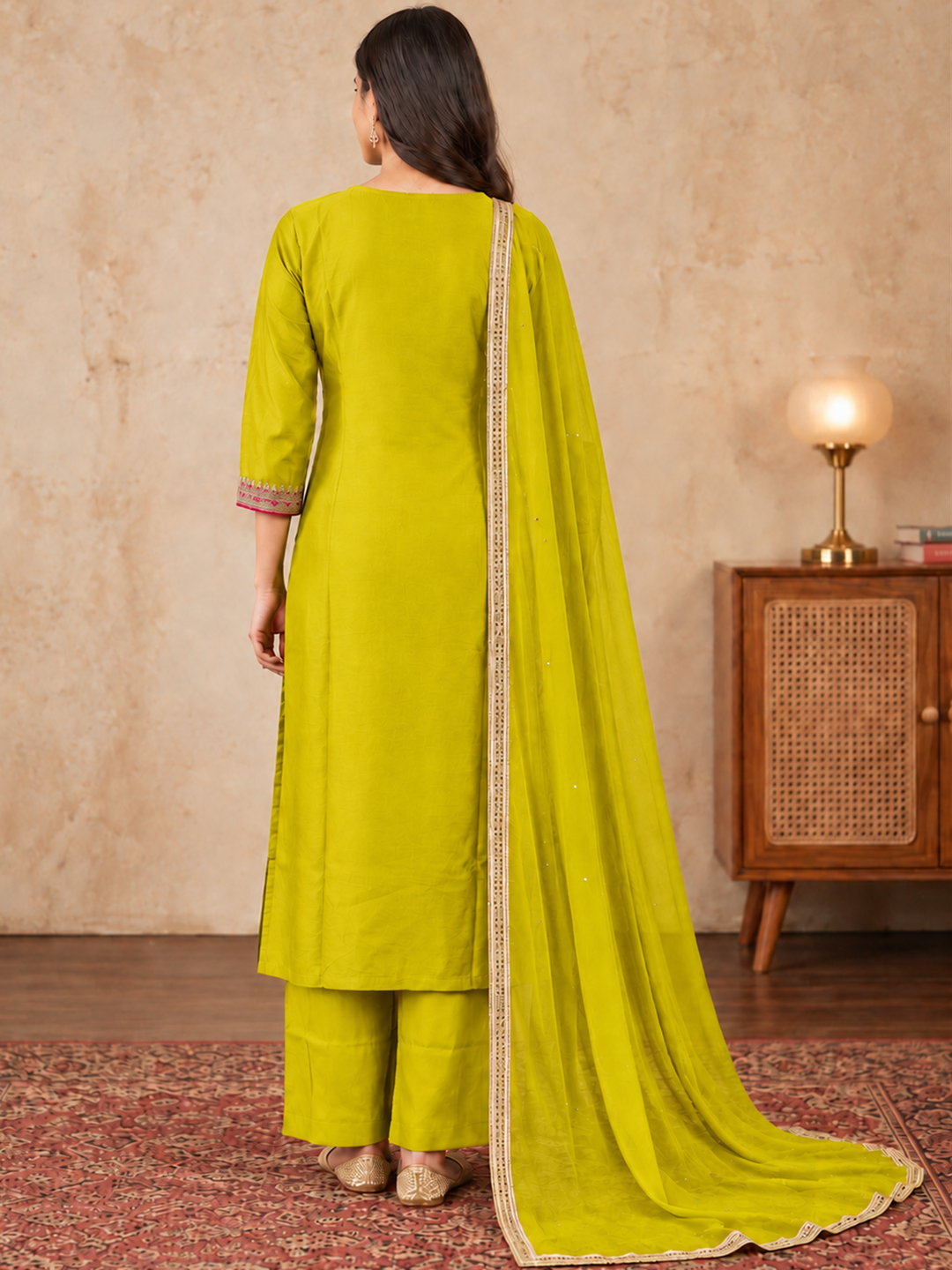 Lime Yellow Floral Embroidered Silk Blend Kurta Set with Dupatta