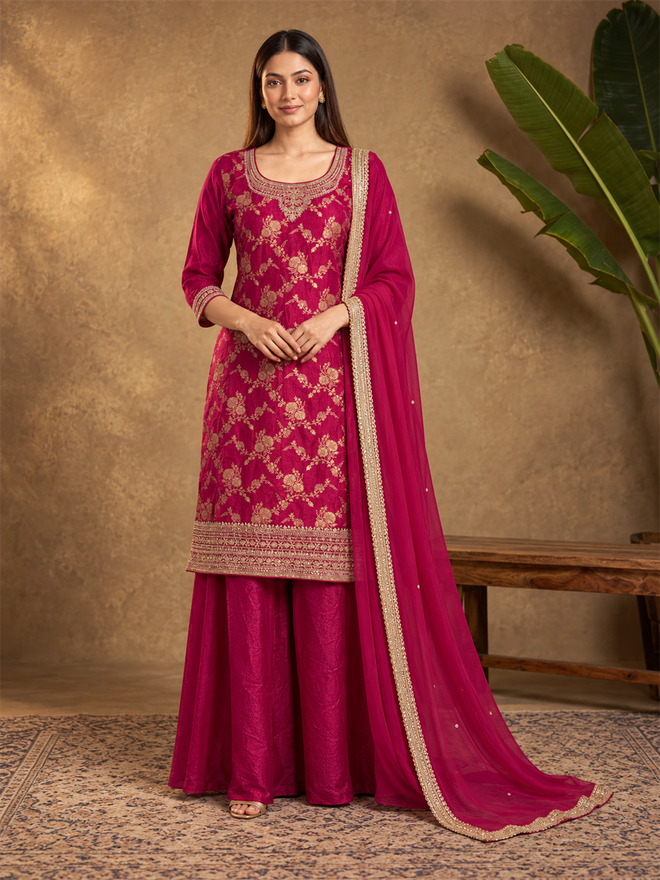 Bright Pink Embroidered Silk Blend Sharara Suit with Dupatta