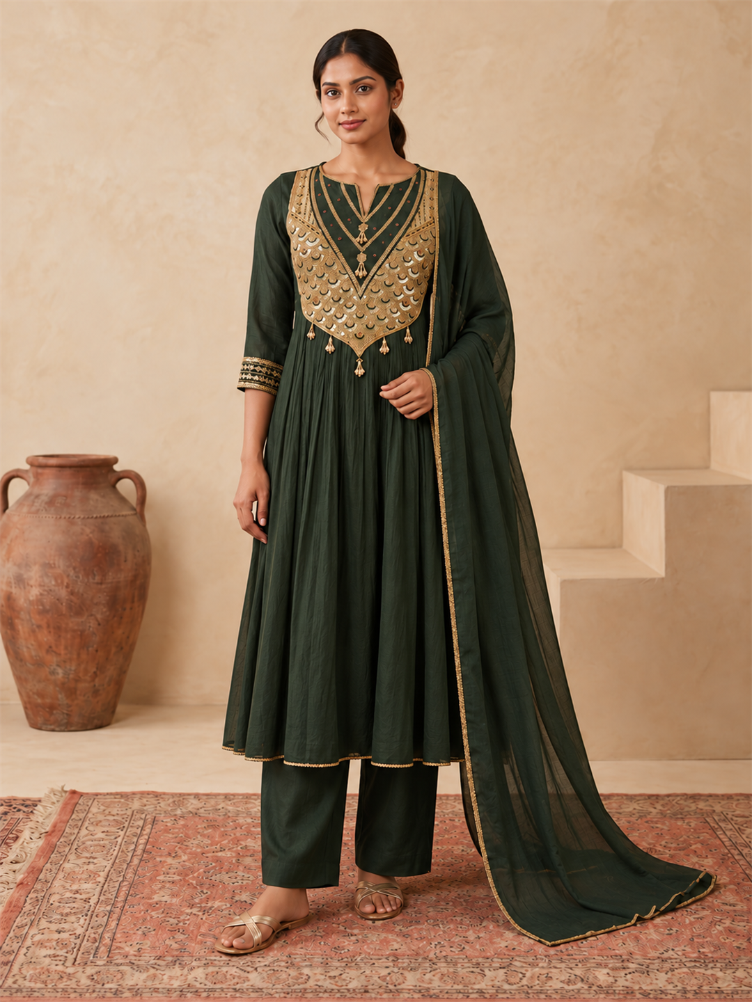Forest Green Gold Embellished Silk Blend Anarkali Suit Set