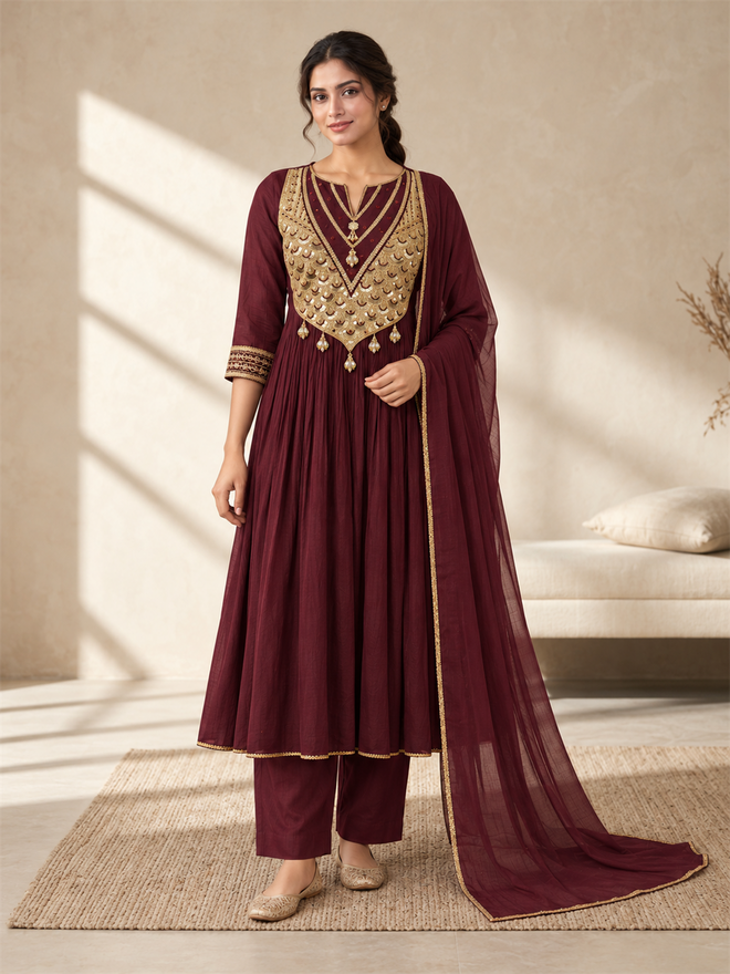 Wine Gold Embellished Silk Blend Anarkali Suit Set
