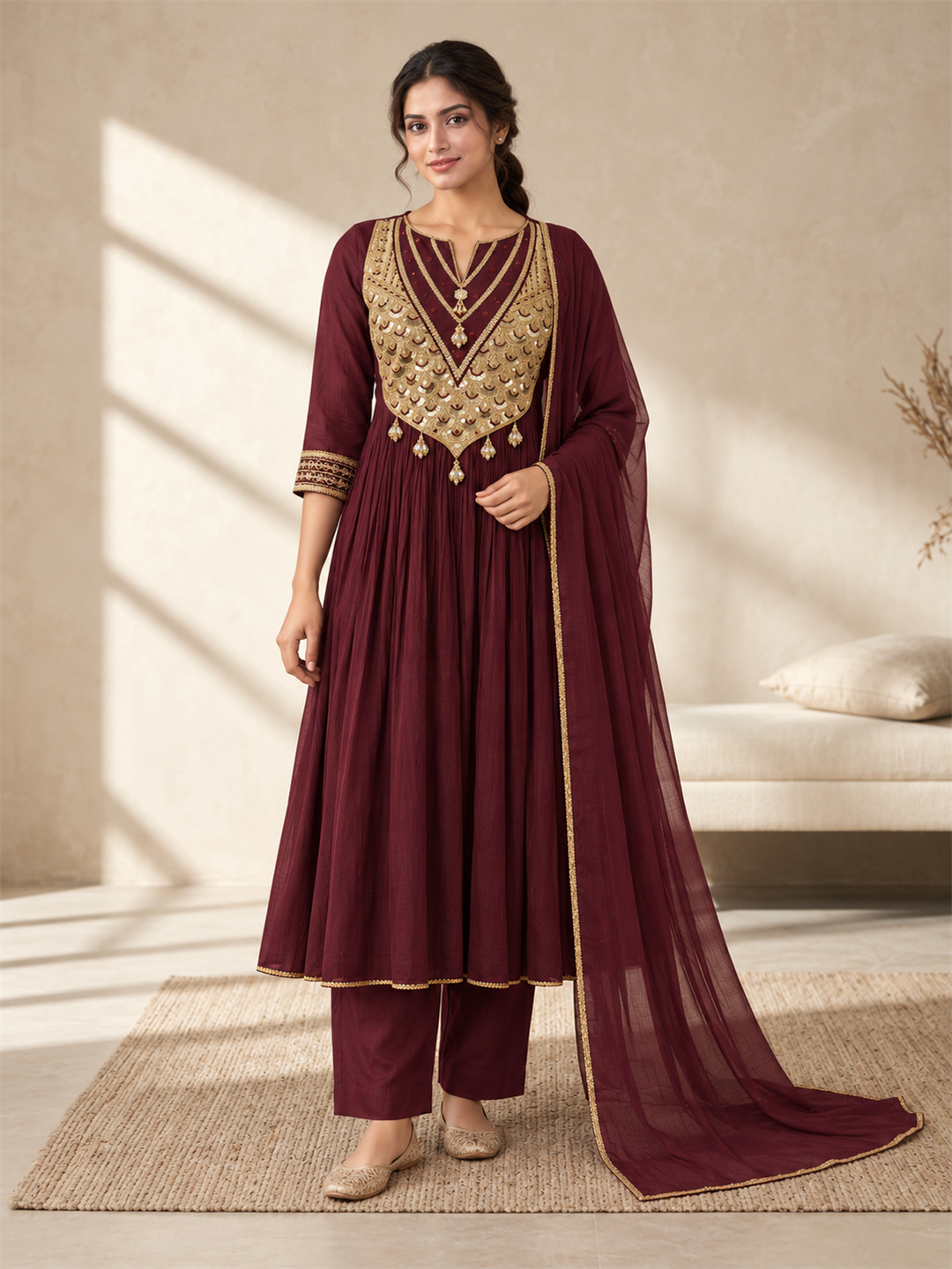 Wine Gold Embellished Silk Blend Anarkali Suit Set