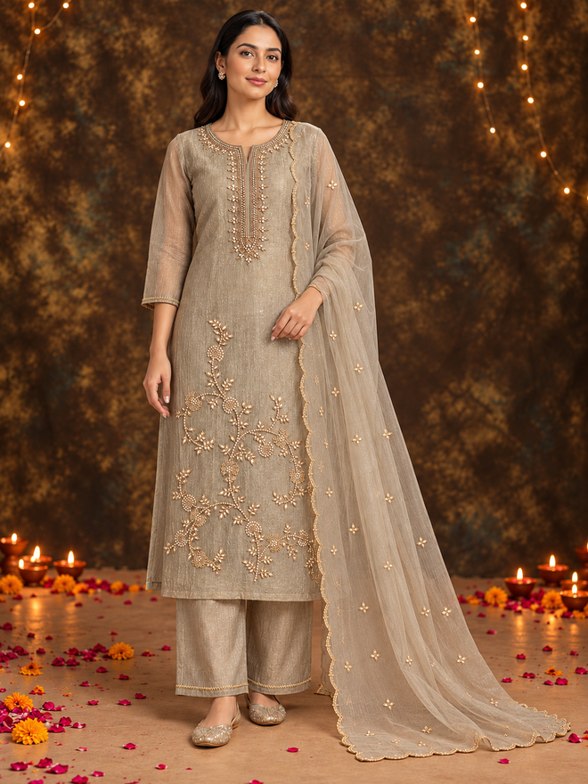Taupe Poly Silk Embroidered Kurta Palazzo Set with Dupatta