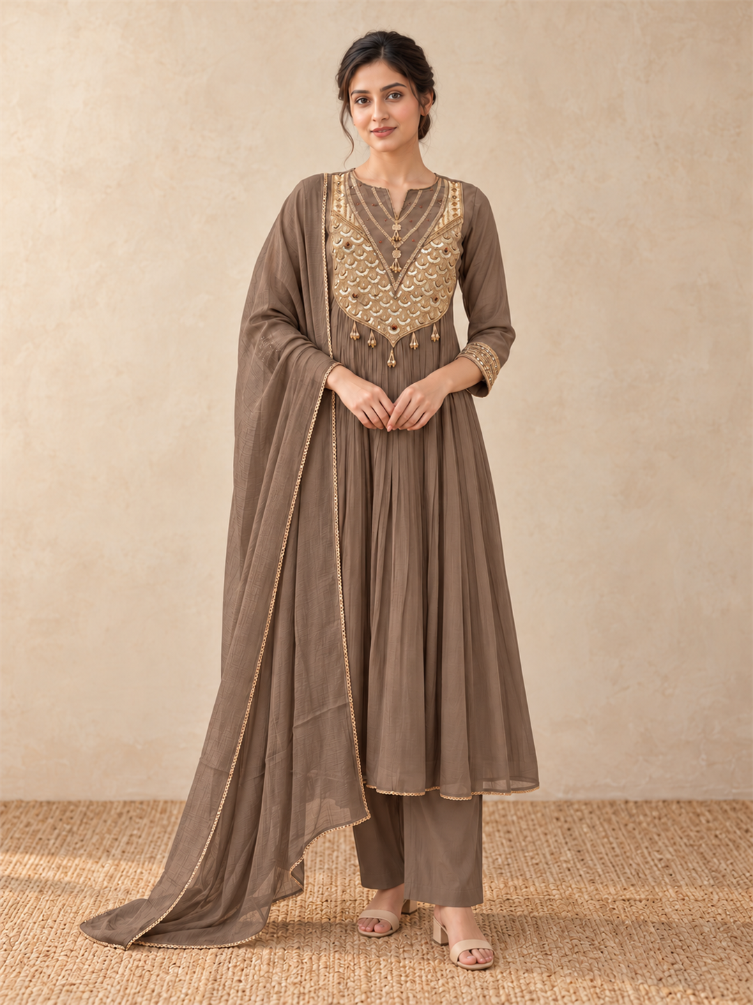 Taupe Gold Embellished Silk Blend Anarkali Suit Set