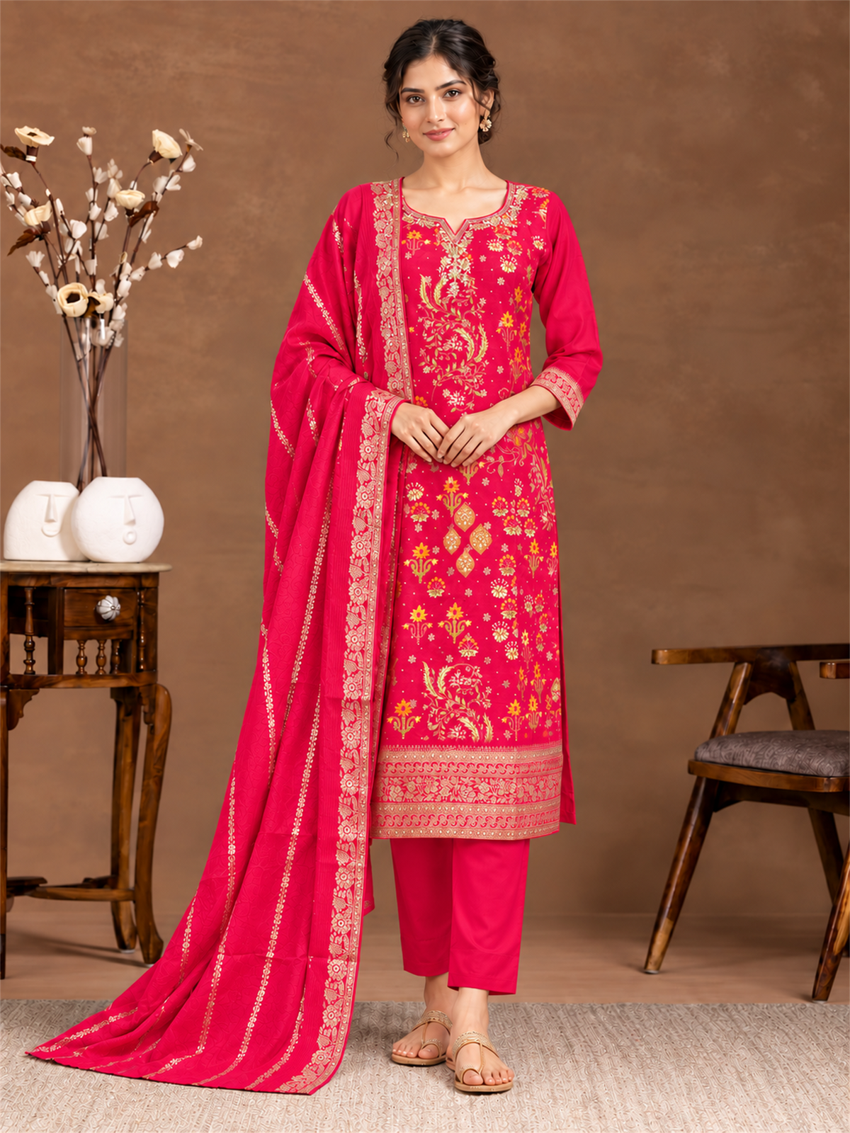 Rani Pink Floral Silk Blend Suit Set with Dupatta