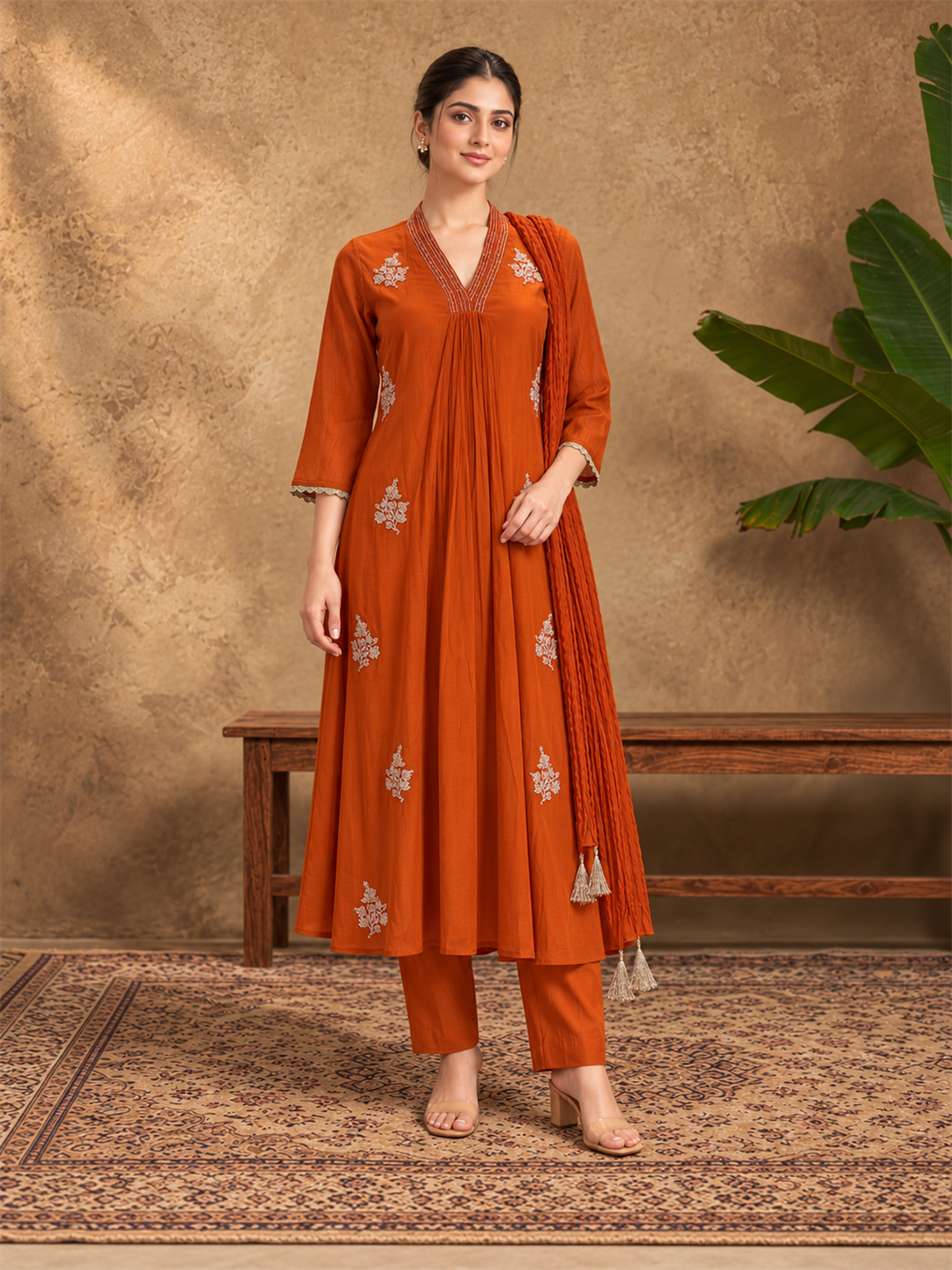 Rust Orange Mul Chanderi Embroidered Kurta Pant Set with Dupatta