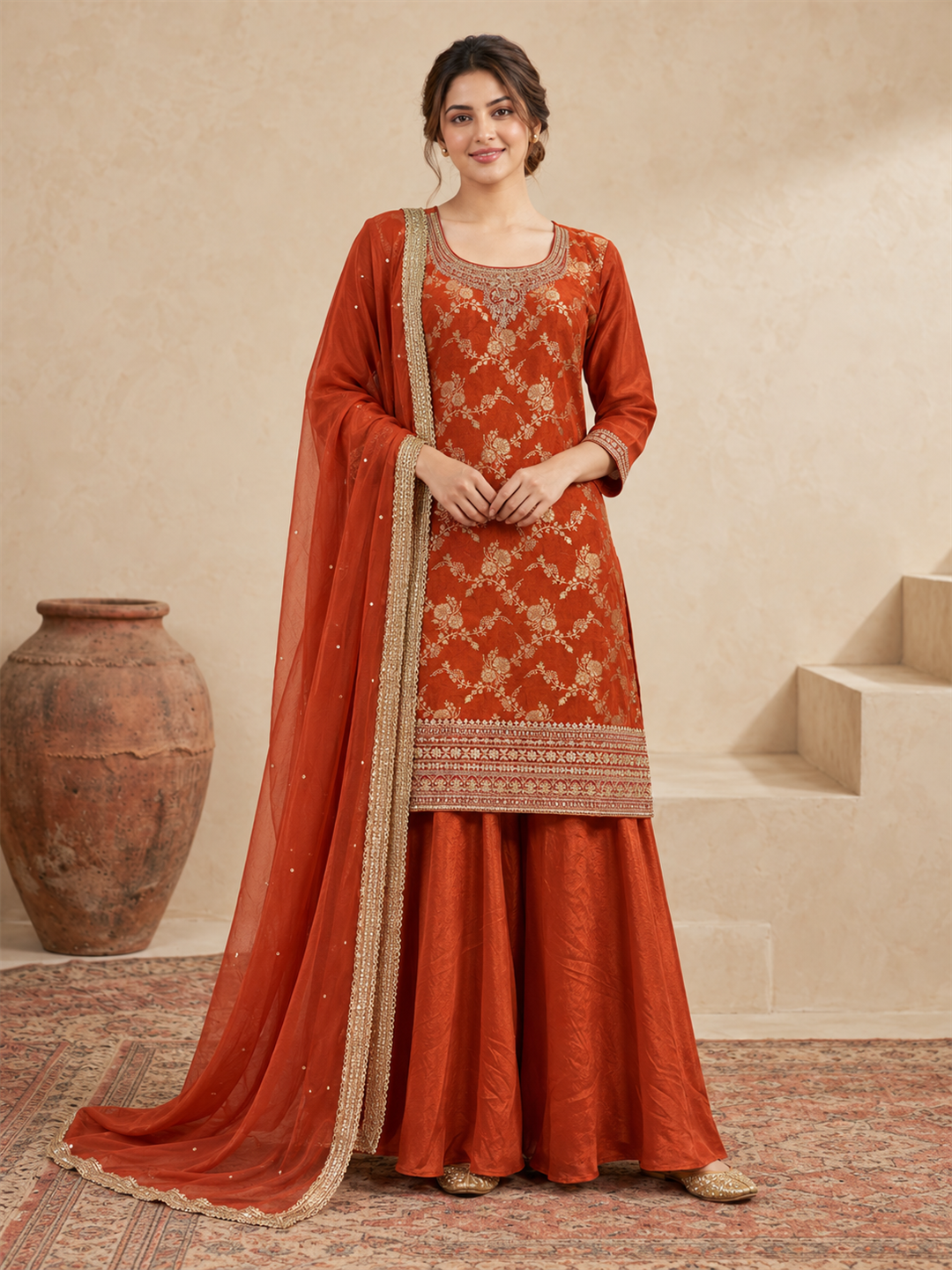 Rust Embroidered Silk Blend Sharara Suit with Dupatta
