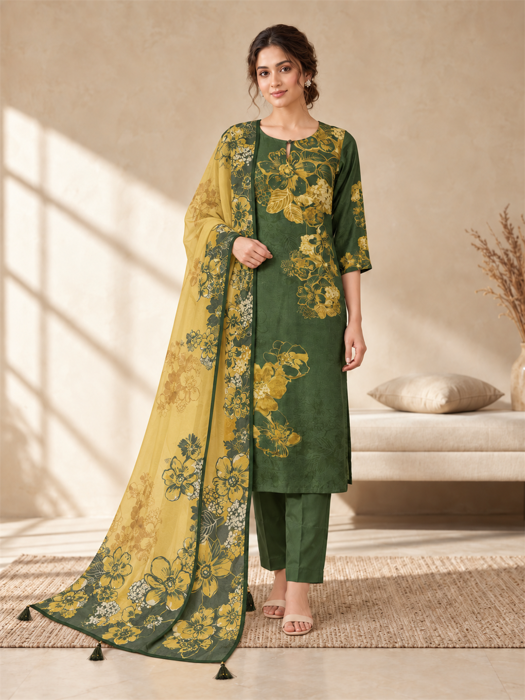 Green Floral Printed Kurta Set with Dupatta