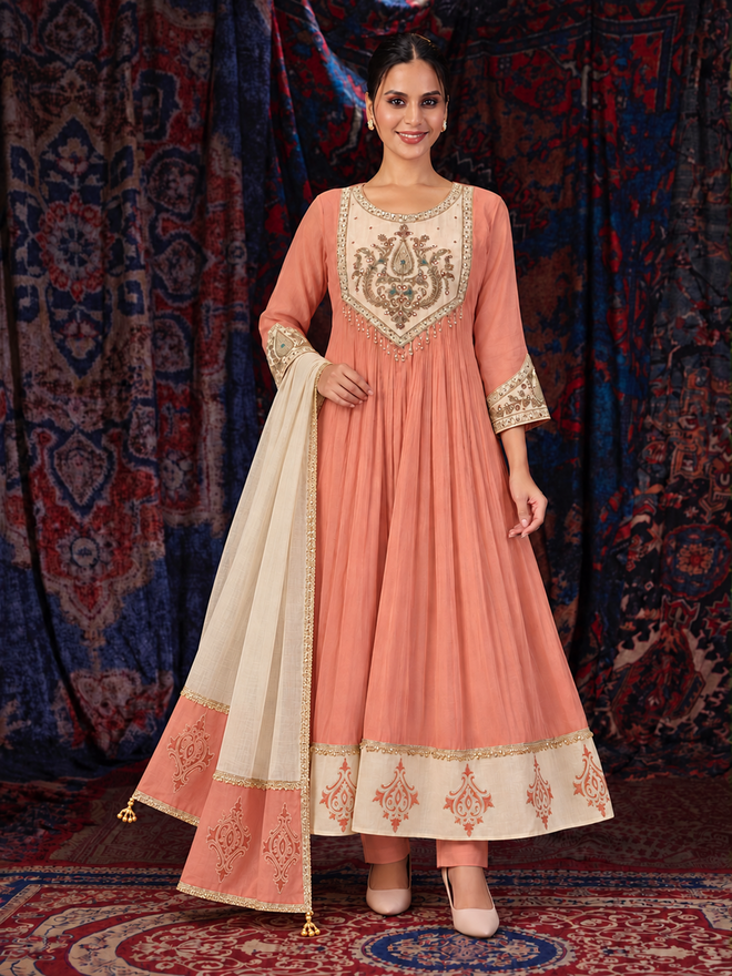 Peach Mul Chanderi Anarkali Suit Set with Embroidered Neckline and Dupatta