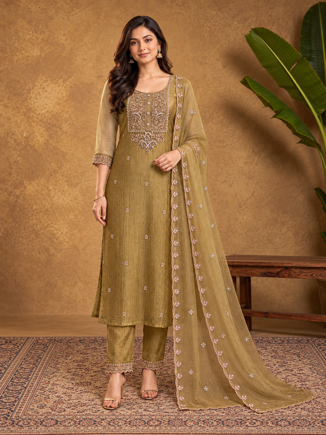 Antique Gold Embroidered Poly Silk Suit Set