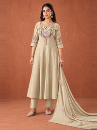 Beige Embroidered Chanderi-Silk Anarkali Set with Dupatta
