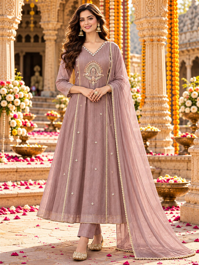 Dusty Mauve Embroidered Poly Silk Anarkali Suit Set with Dupatta