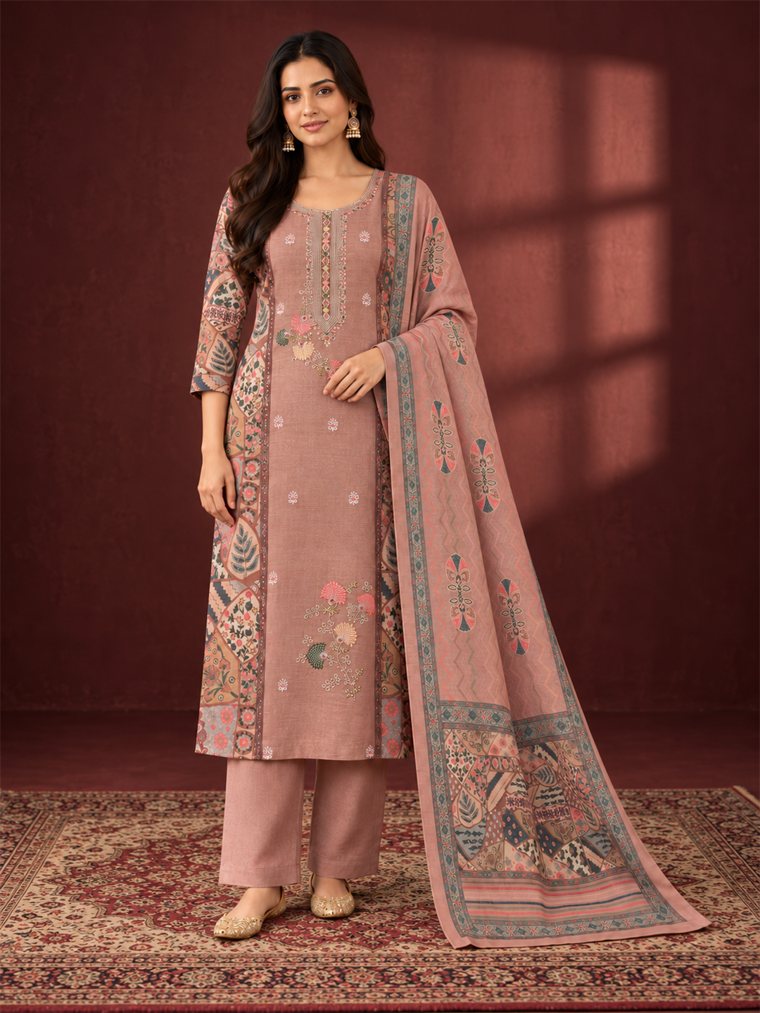 Dusty Rose Pink Floral Embroidered Mul Chanderi Straight Kurta Trouser Set with Printed Dupatta