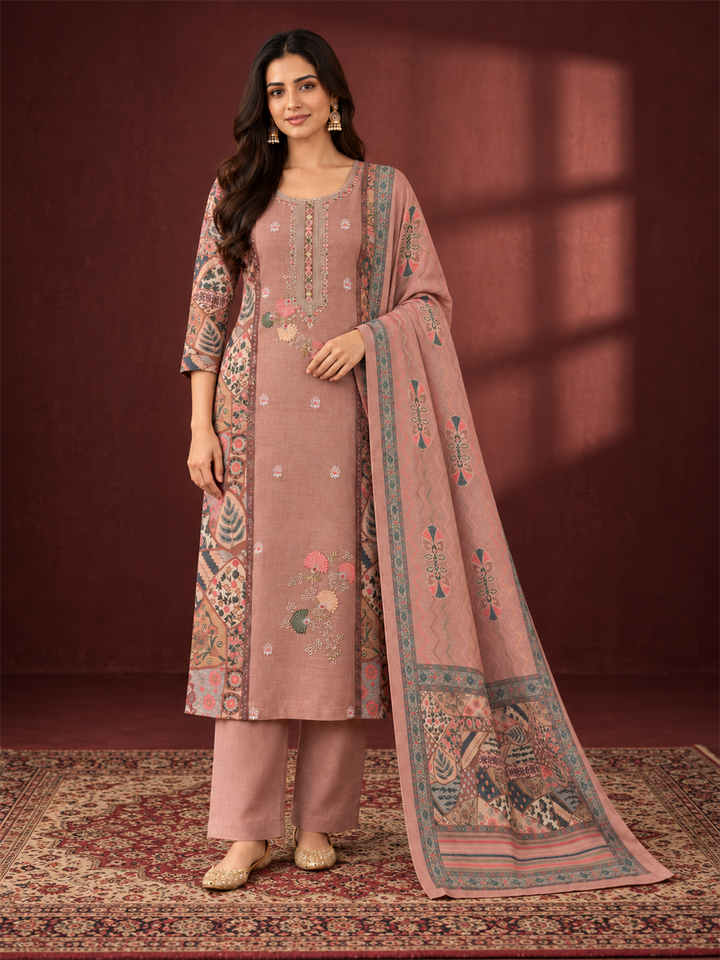 Dusty Rose Pink Floral Embroidered Mul Chanderi Straight Kurta Trouser Set with Printed Dupatta