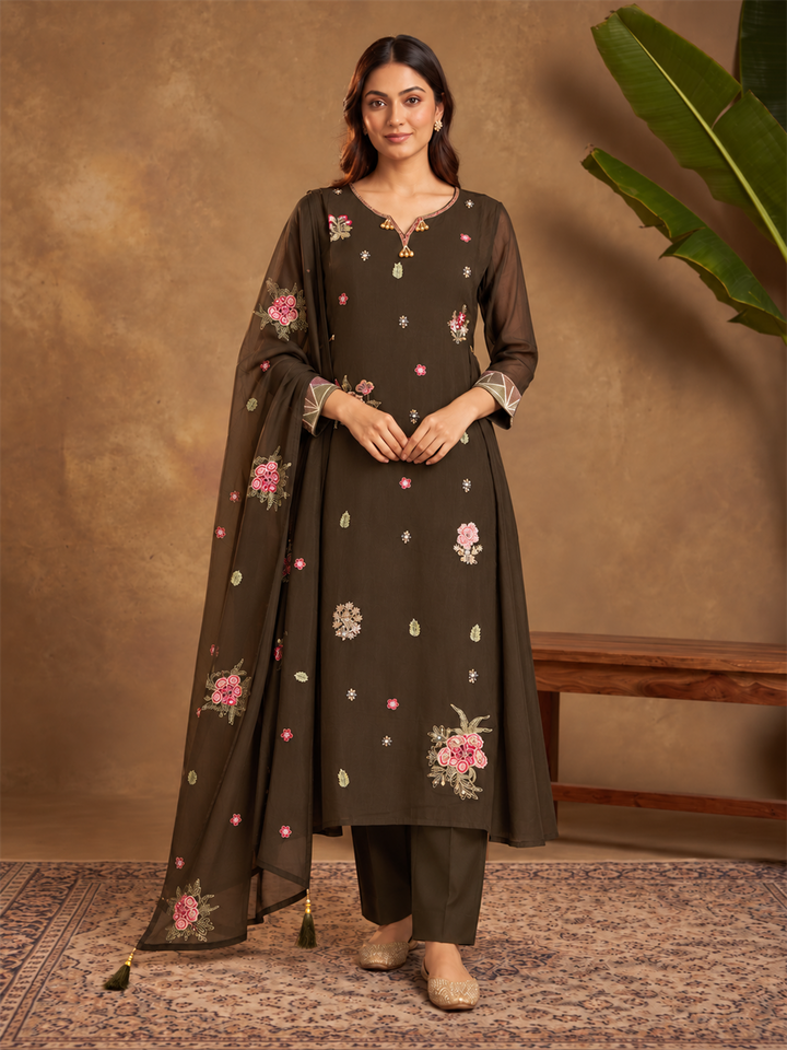 Dark Brown Floral Embroidered Viscose Rayon Suit Set