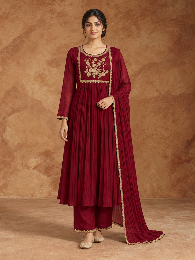 Maroon Embroidered Chanderi Silk Anarkali Suit Set with Dupatta