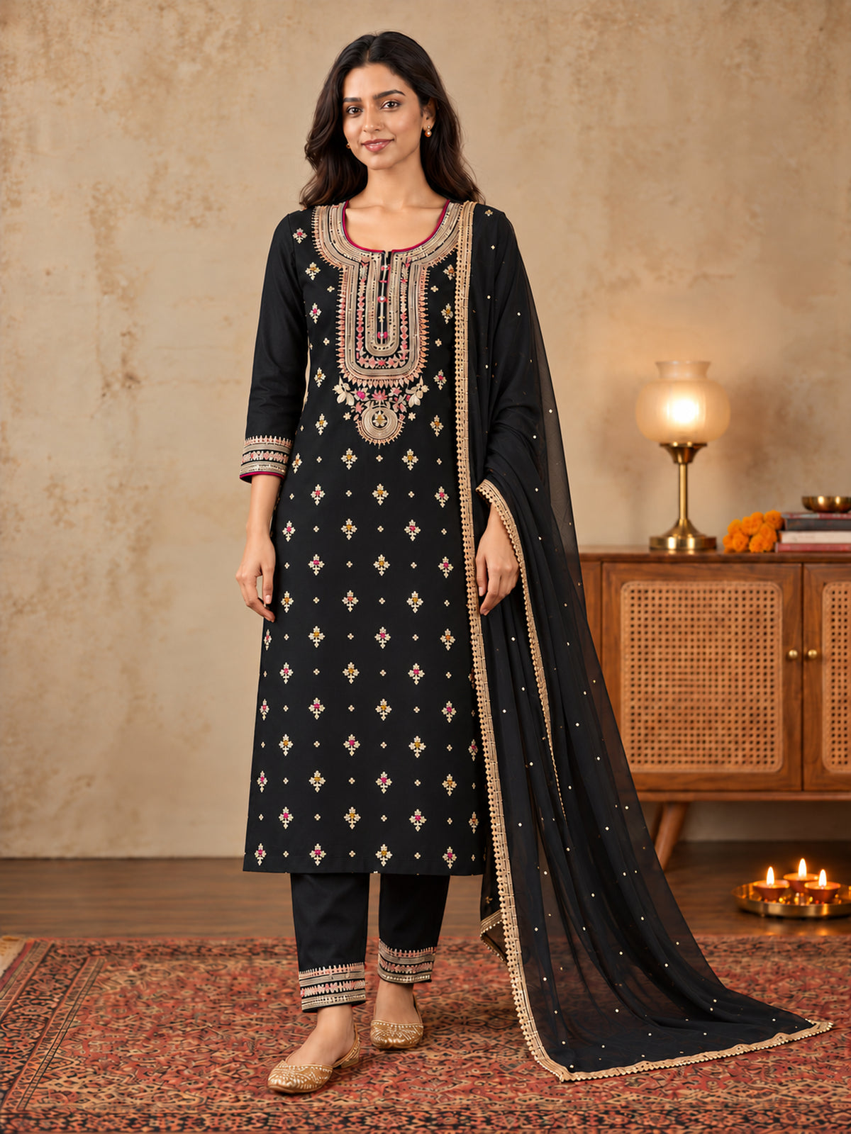 Black Embroidered Silk Blend Straight Suit Set