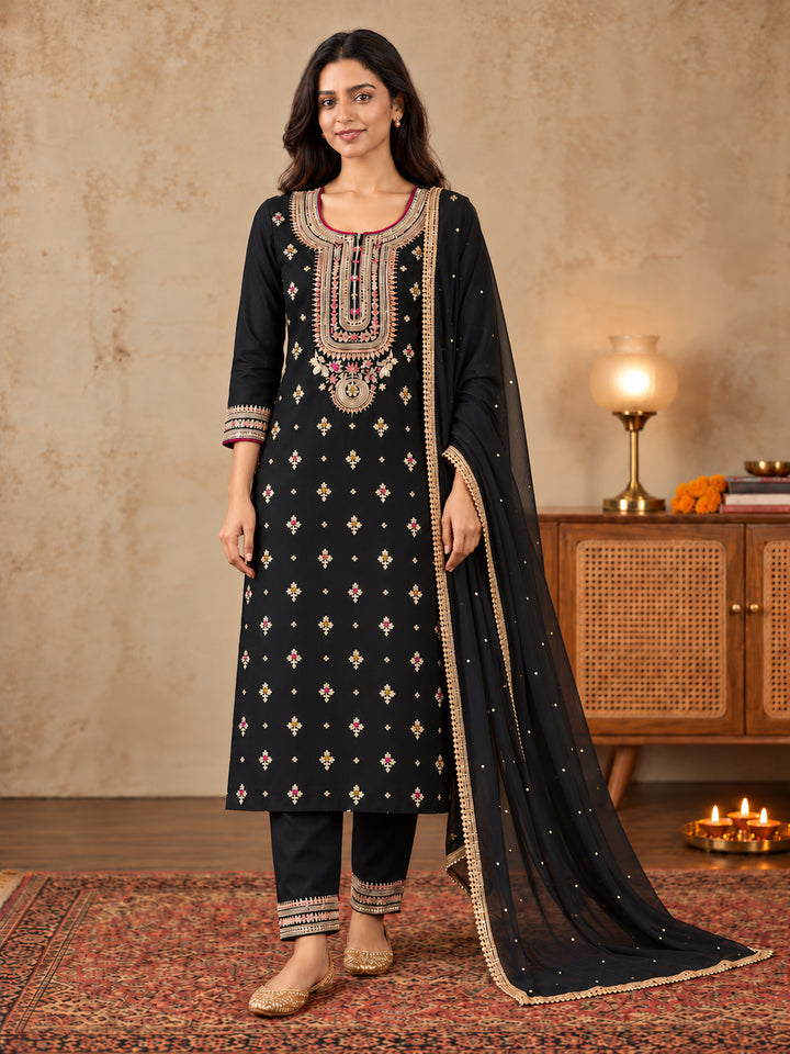 Black Embroidered Silk Blend Straight Suit Set