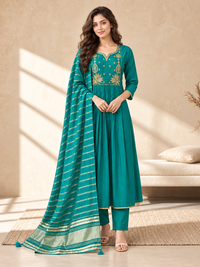 Teal Chanderi Silk Embroidered Anarkali Suit with Striped Dupatta