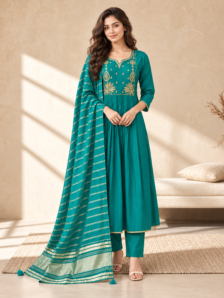 Teal Chanderi Silk Embroidered Anarkali Suit with Striped Dupatta