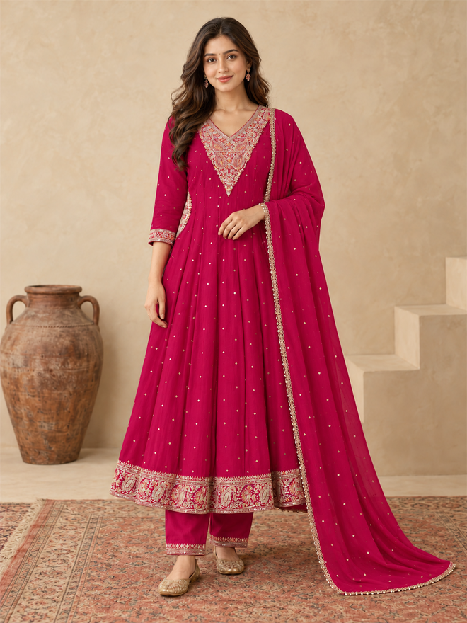 Rani Pink Chanderi Silk Golden Embroidered Anarkali Kurta Pant Set with Dupatta
