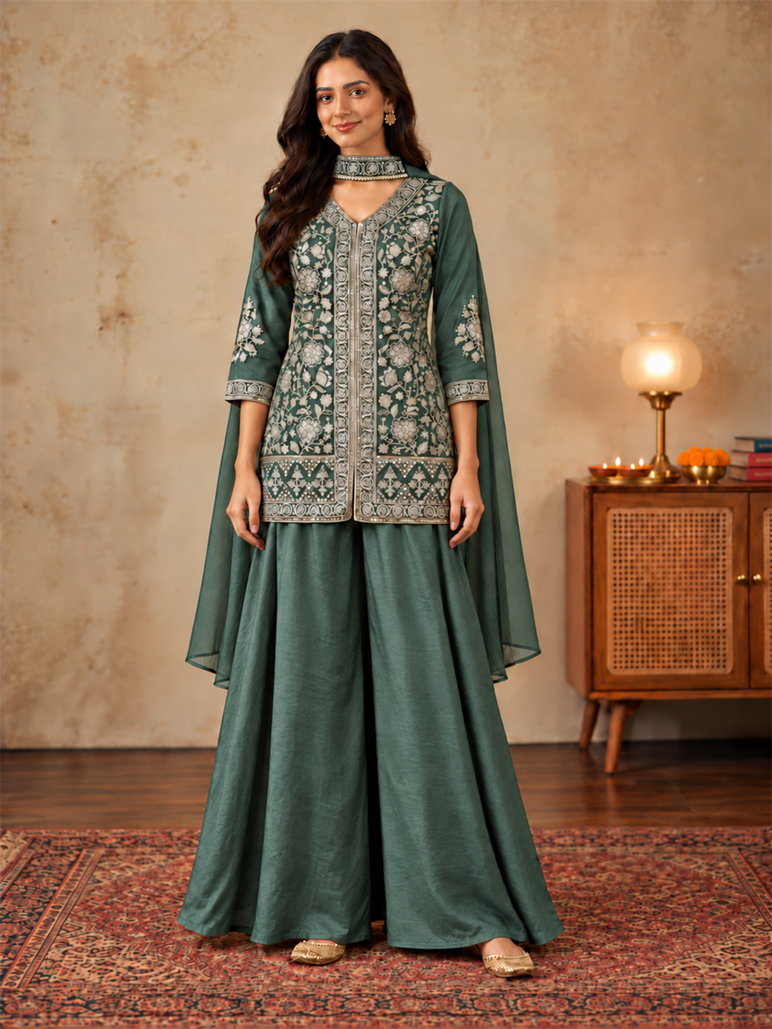 Olive Green Pure Silk Embroidered Kurta Sharara Set with Cape Dupatta