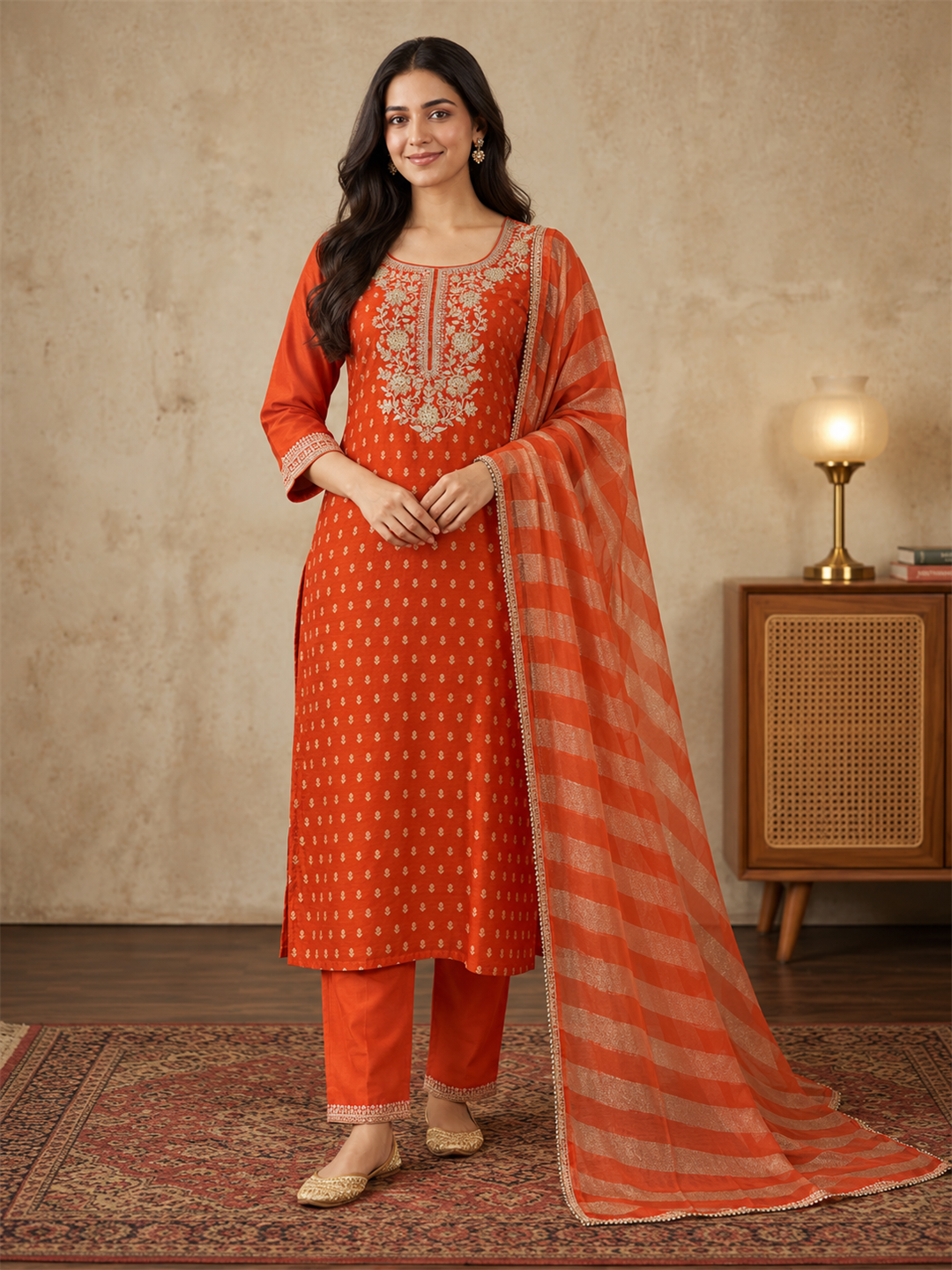 Rust Orange Jacquard Kurta Set with Striped Dupatta