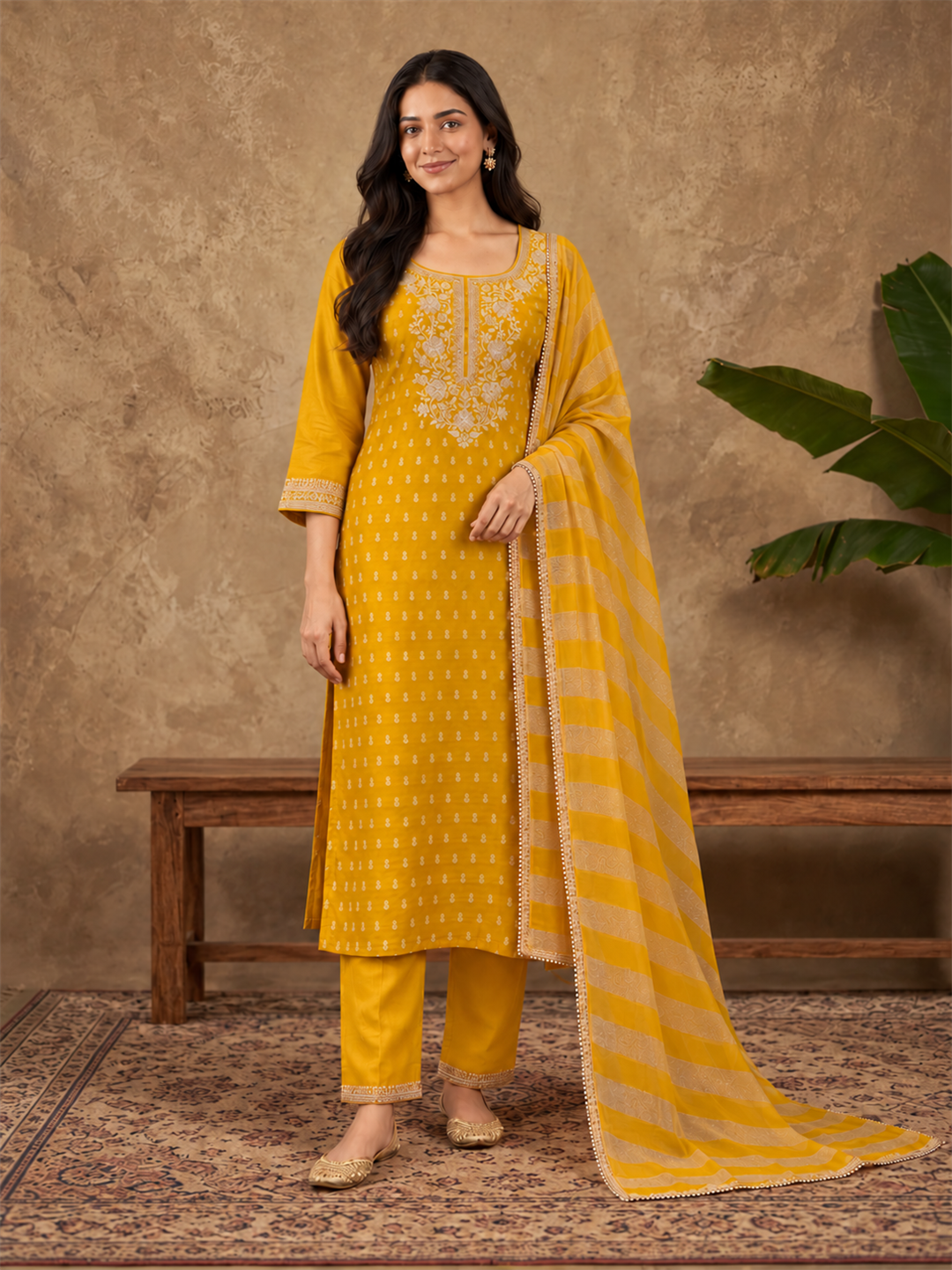 Yellow Jacquard Kurta Set with Striped Dupatta