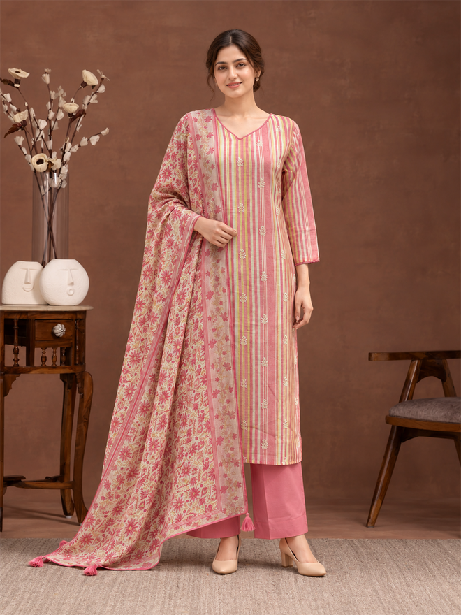 Rose Pink Striped Linen Suit Set with Floral Dupatta