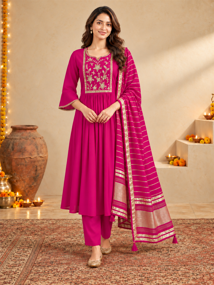 Fuchsia Pink Mul Chanderi Embroidered Kurta Pant Set with Dupatta