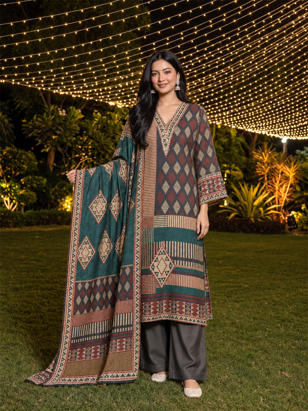 Teal Green & Charcoal Grey Geometric Printed Silk Blend Straight Kurta Trouser Set with Dupatta