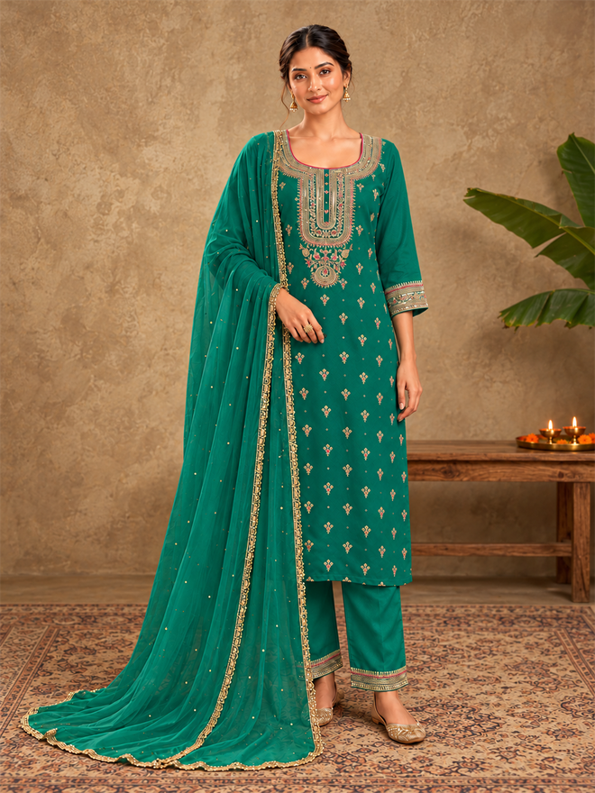 Emerald Green Embroidered Silk Blend Kurta Set with Dupatta