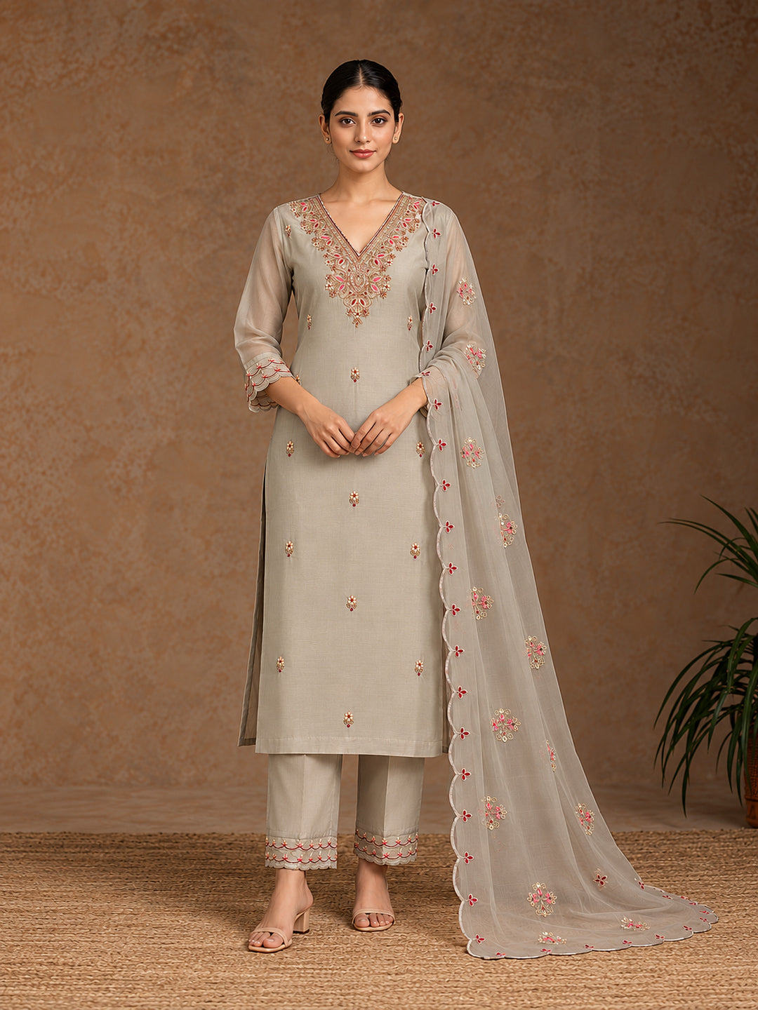 Grey Silk Blend Embroidered Straight Suit Set with Floral Dupatta