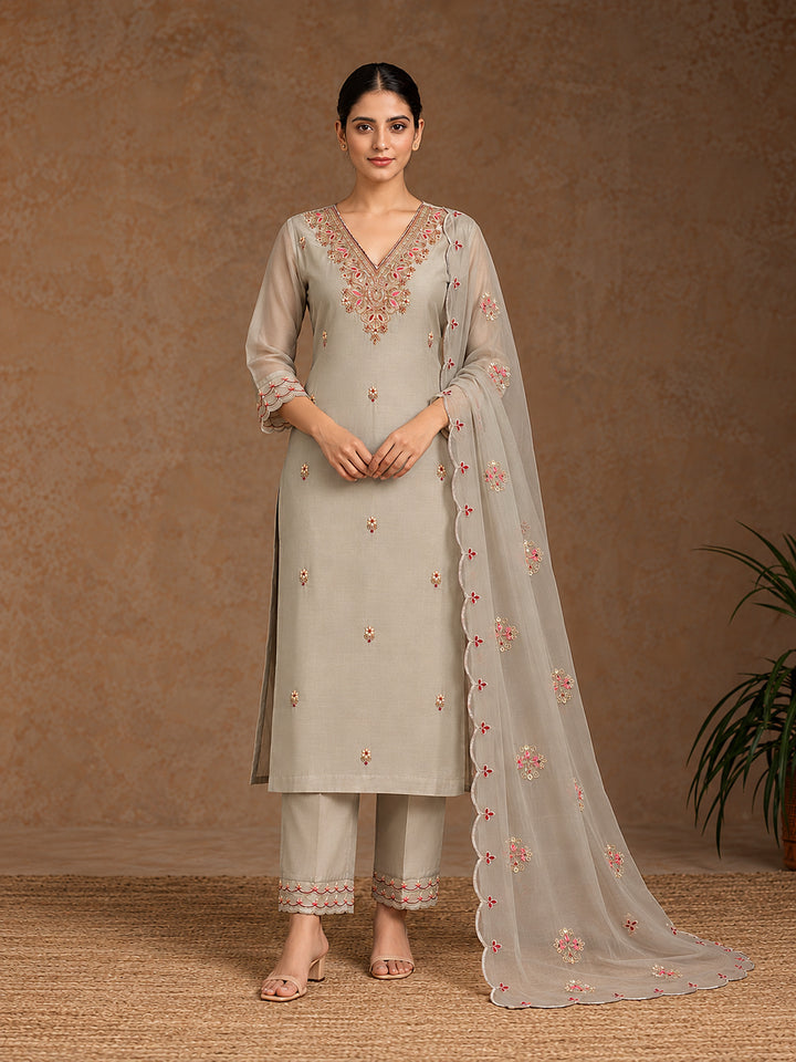 Grey Silk Blend Embroidered Straight Suit Set with Floral Dupatta