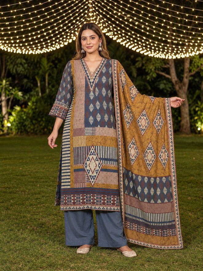 Mustard & Slate Blue Geometric Printed Silk Blend Kurta Trouser Set with Dupatta