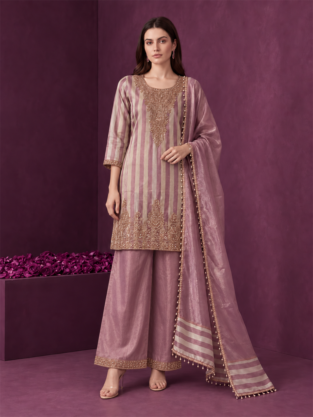 Dusty Pink Striped Pure Silk Palazzo Suit Set