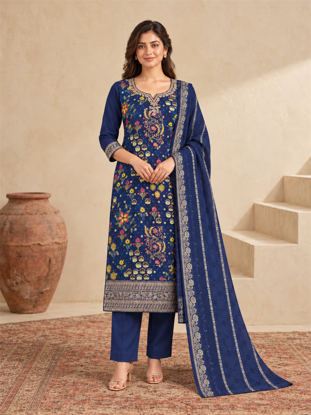 Royal Blue Floral Printed Silk Blend Suit Set