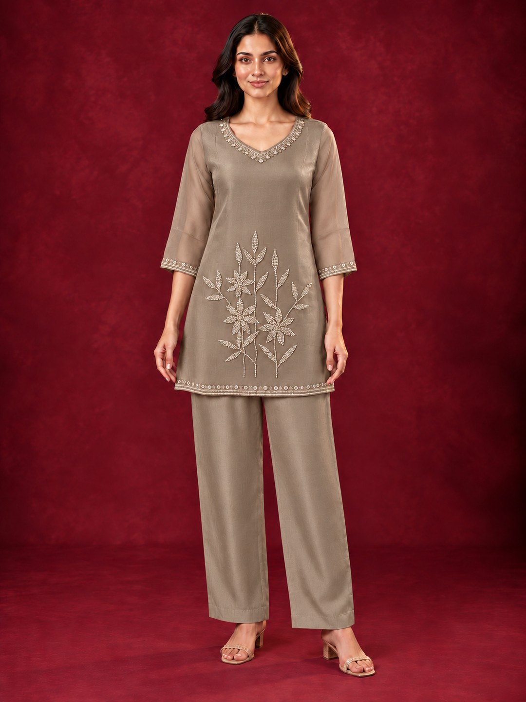 Taupe Brown Mul Chanderi Floral Embroidered Straight Kurta Set