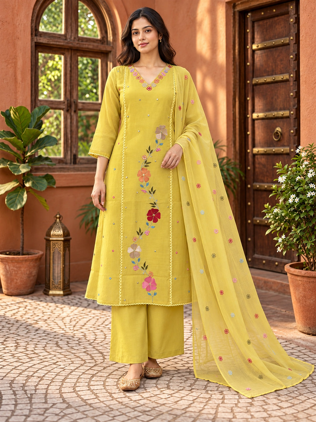 Yellow Floral Embroidered Mul Chanderi Suit Set