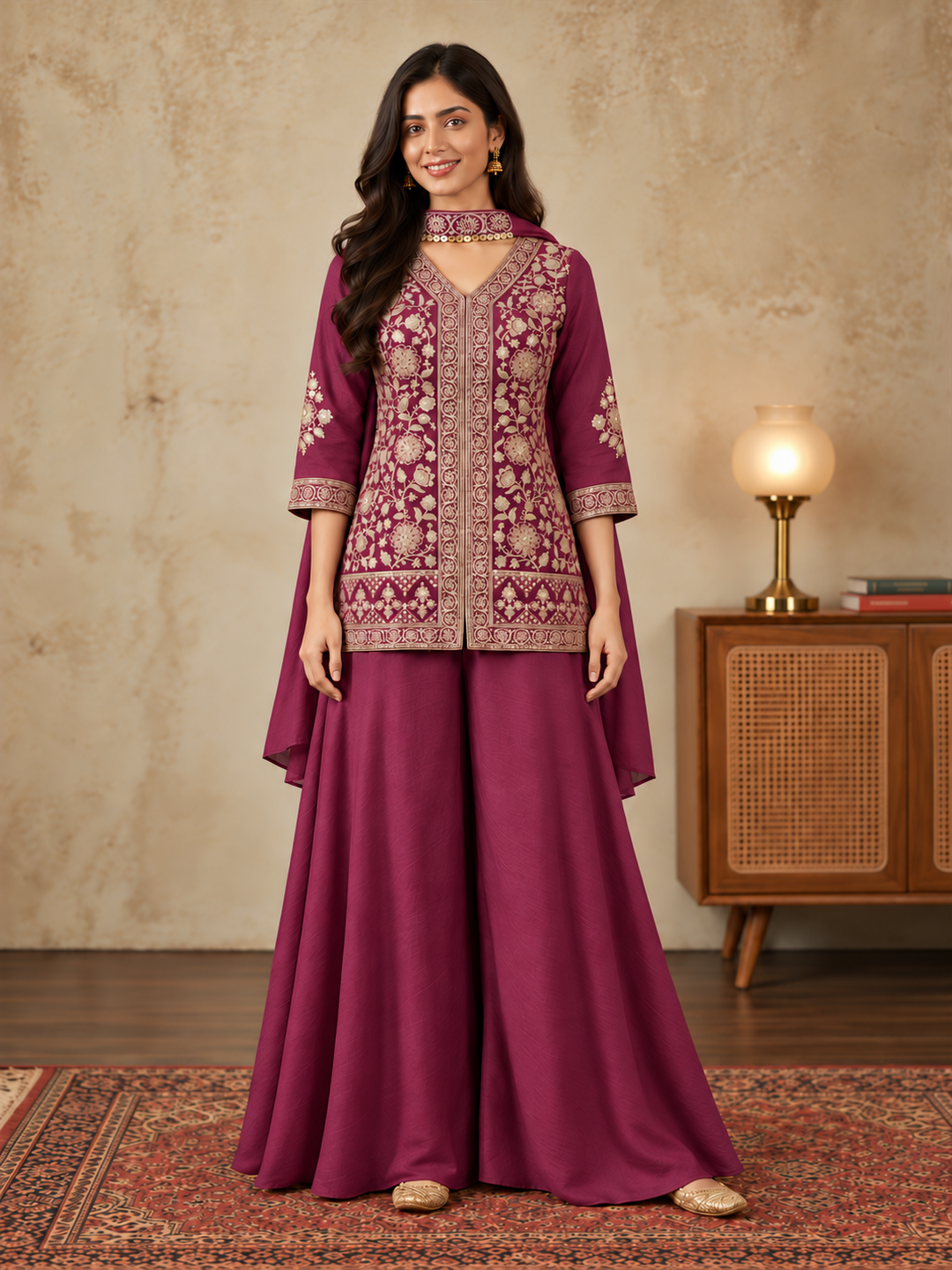 Wine Pure Silk Embroidered Kurta Sharara Set with Dupatta