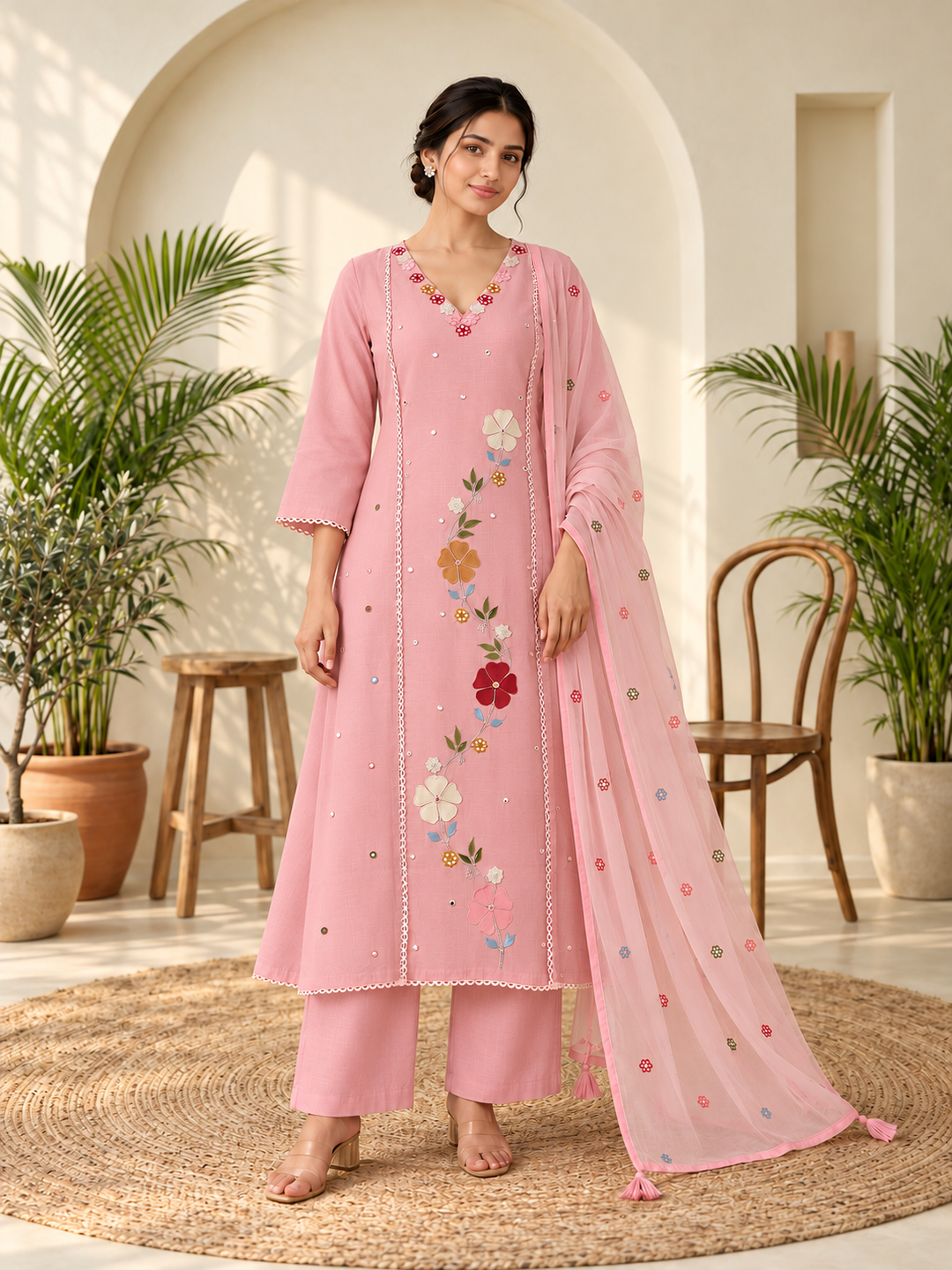 Pink Floral Embroidered Mul Chanderi Straight Kurta Trouser Set with Dupatta