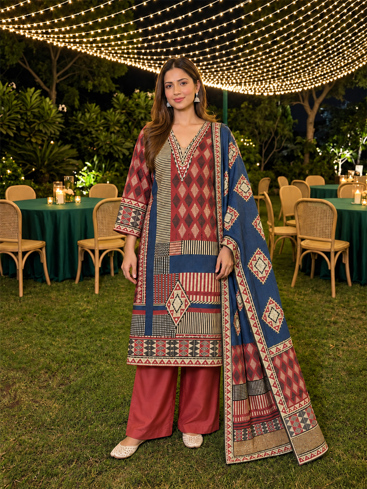 Red & Navy Blue Geometric Printed Silk Blend Straight Kurta Trouser Set with Dupatta