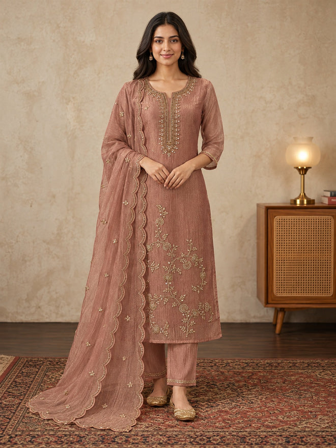 Dusty Rose Floral Embroidered Poly Silk Suit Set