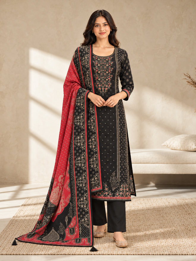 Black Silk Blend Printed Kurta Pant Set with Red Dupatta